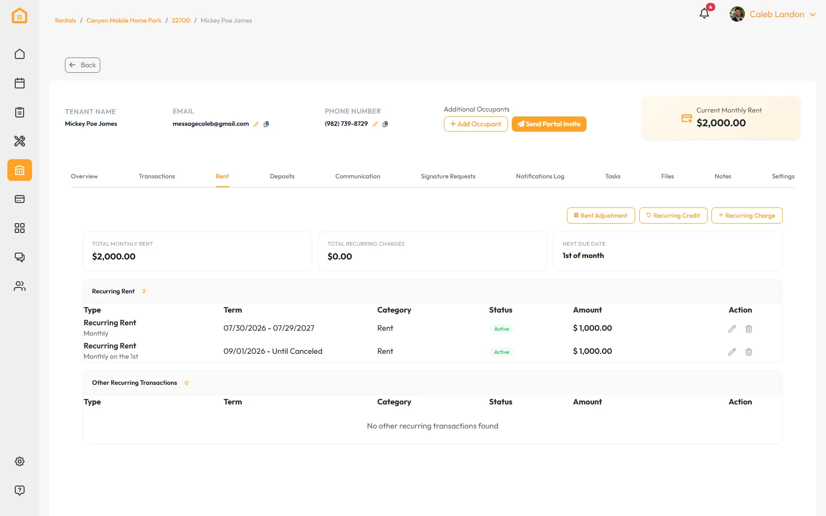 Rent tab on a lease, with the quick action buttons