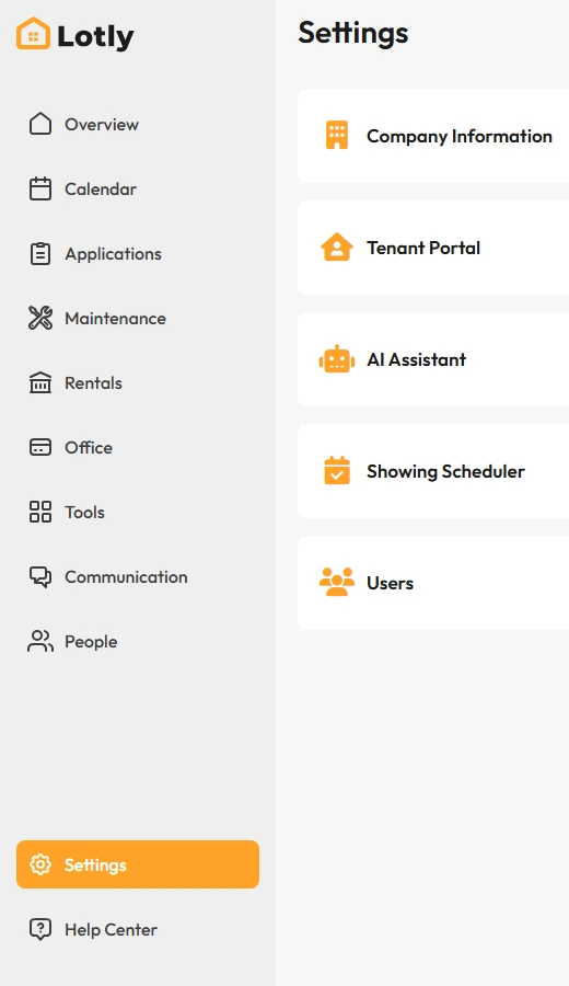 Left menu with Settings