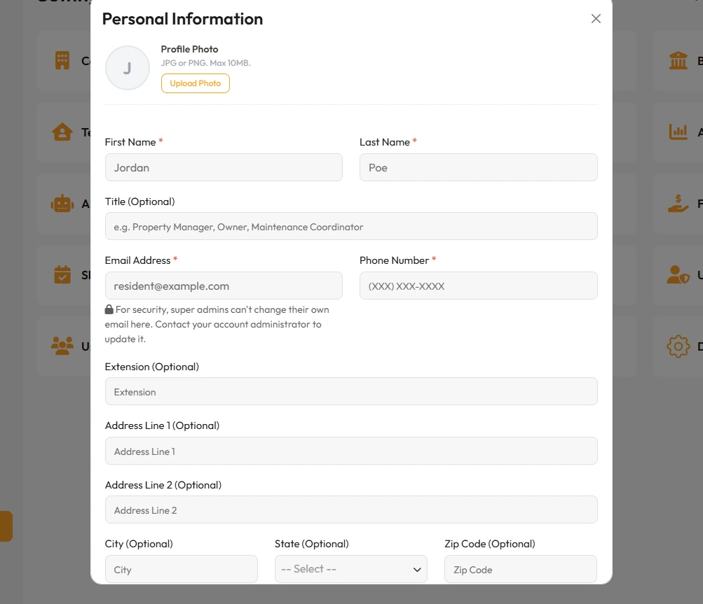 Personal information screen