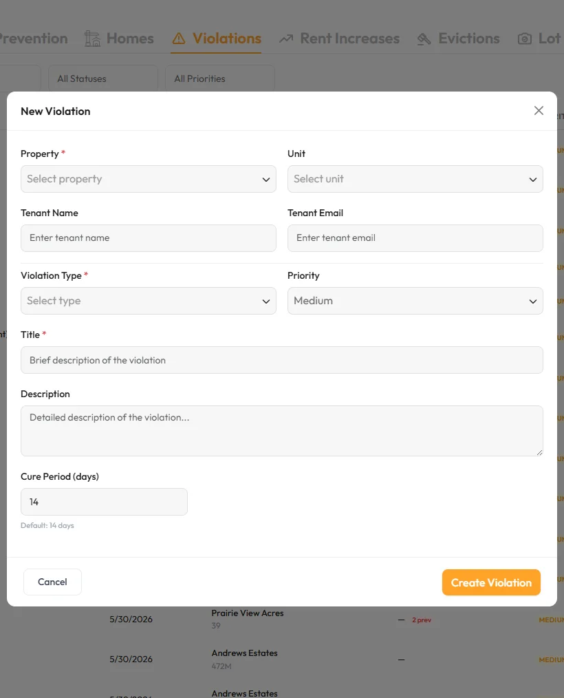 New Violation form